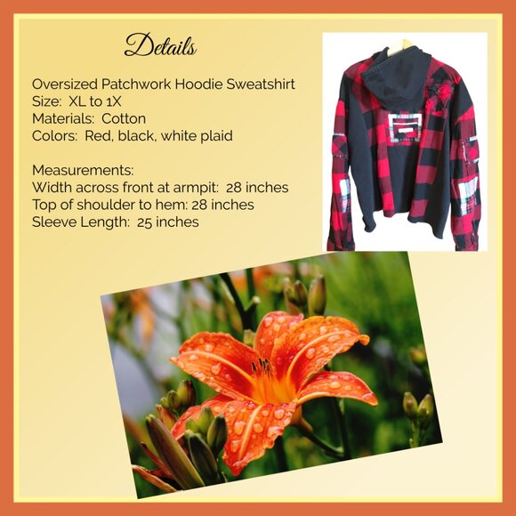 Upcycled Patchwork Hoodie XL/1X: Boho Grunge Black & Red Flannel Sweatshirt - Picture 4 of 10